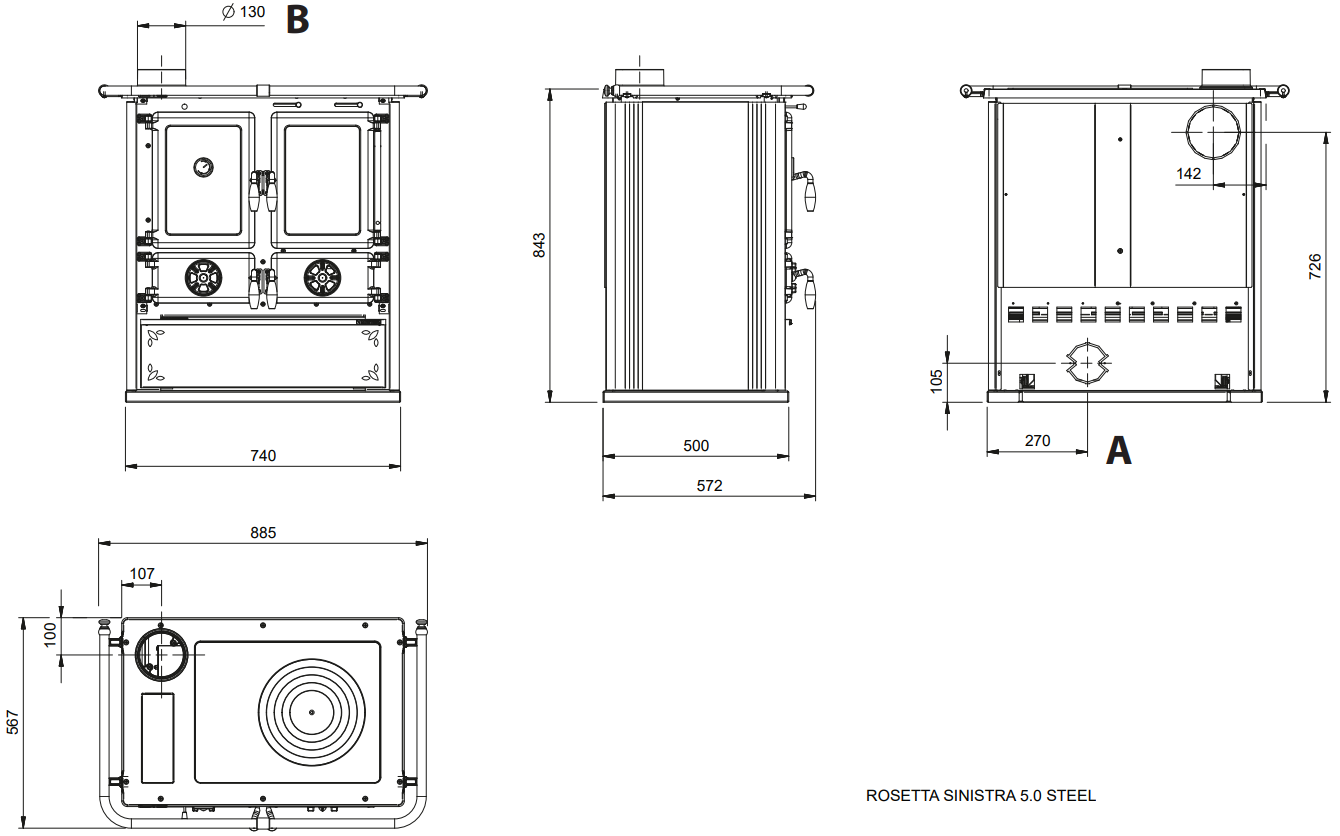 Wymiary kuchni Rosetta Sinistra 5.0 Steel 7,9kW